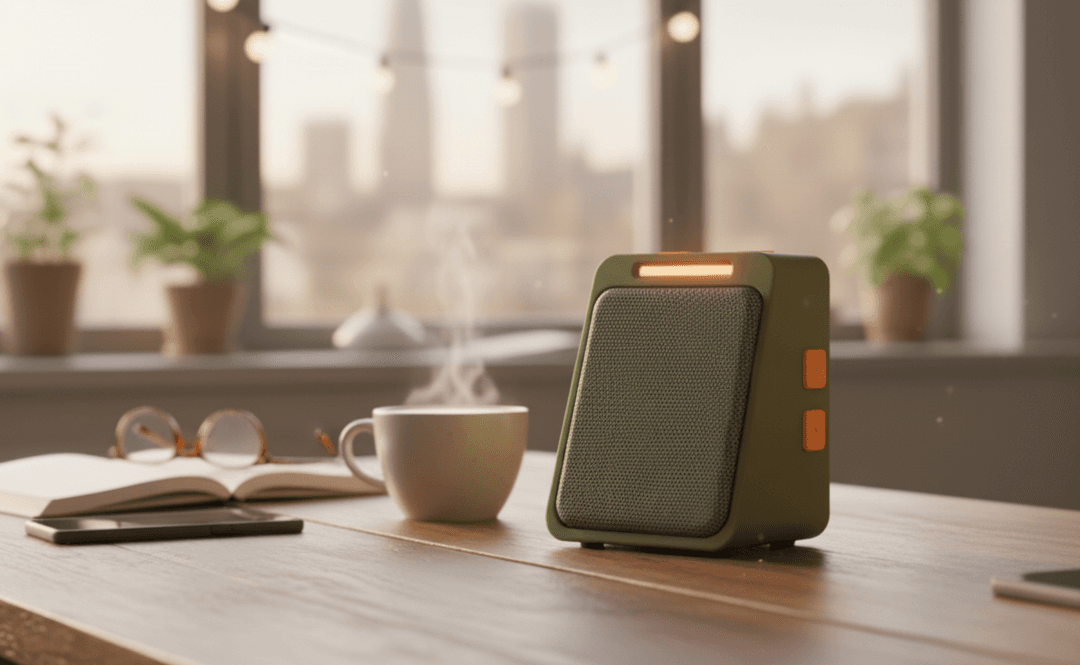 Altavoz inteligente Neto en una mesa auxiliar en una acogedora sala de estar junto a un senior sonriente